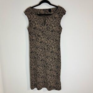 BCBG Paris Black & Gold Print Sheath Dress Size M Elegant Minimalist